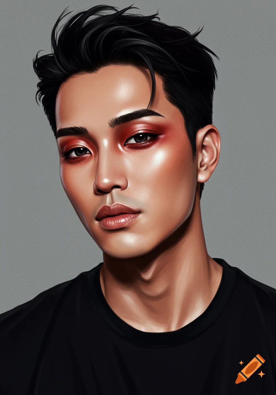 A close-up portrait of a man with striking red eyeshadow and dark hair, rendered in a smooth, stylized digital art style.
