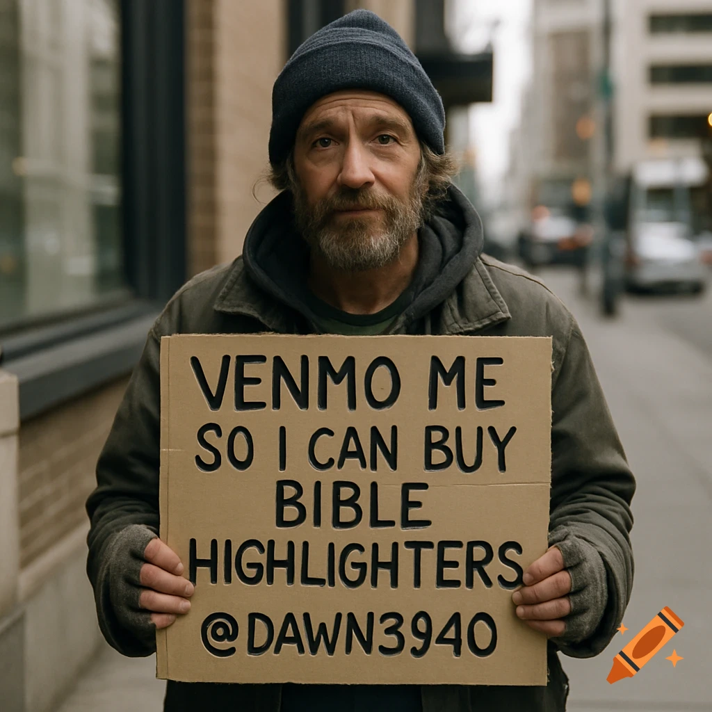 A photorealistic image of a man in a beanie holding a cardboard sign that reads "VENMO ME SO I CAN BUY BIBLE HIGHLIGHTERS @DAWN3940".