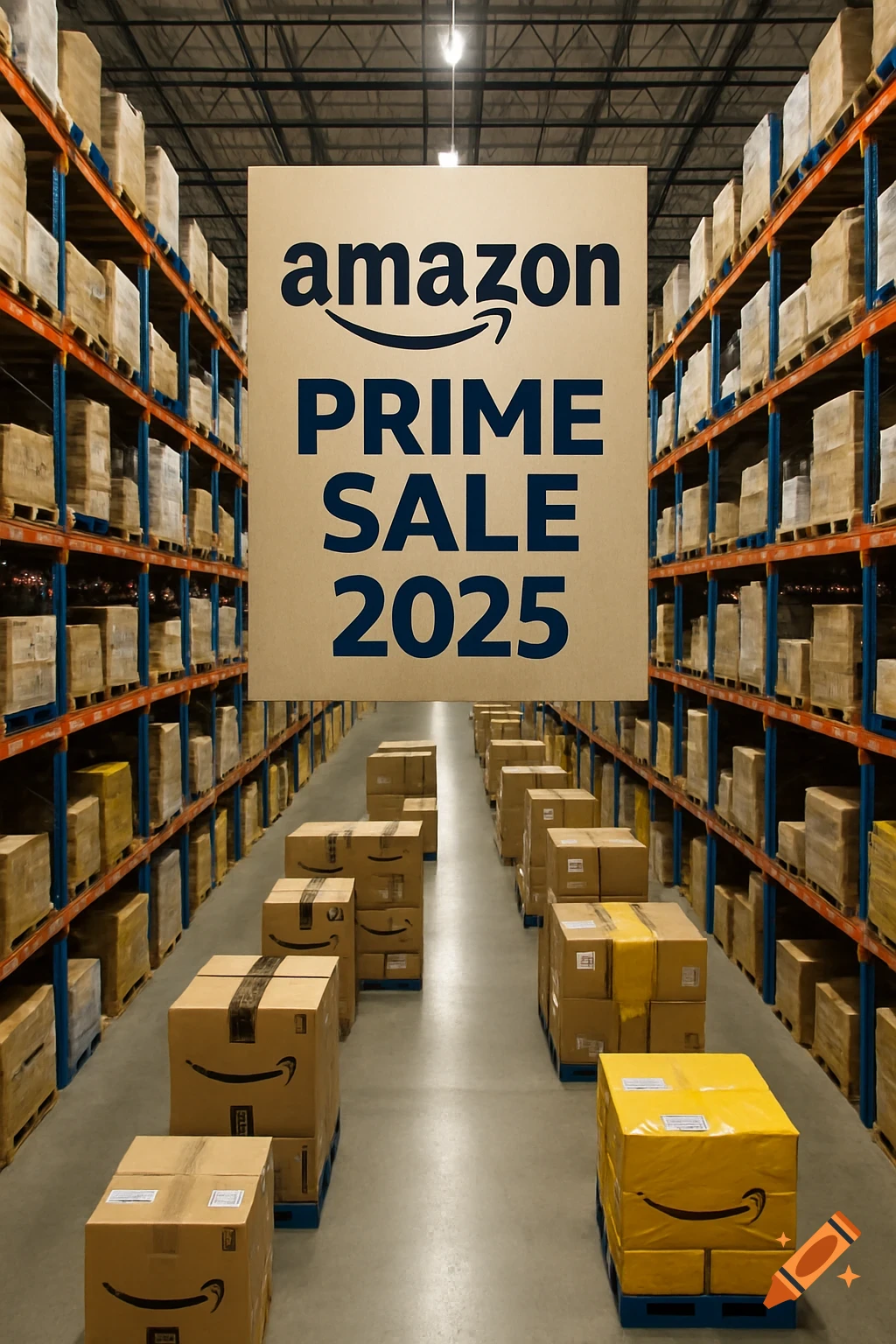 A photorealistic image of an Amazon warehouse aisle with shelves of boxes and a large banner displaying "AMAZON PRIME SALE 2025".