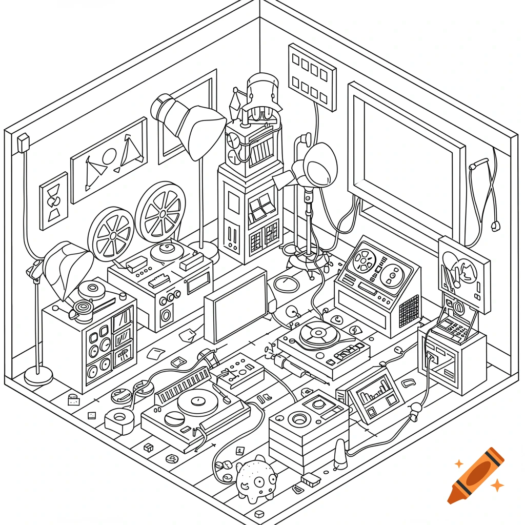 A black and white isometric line drawing of a room filled with various retro-futuristic film-making and music tech equipment, including projectors, recorders, turntables, and screens, all connected by wires, in a coloring book style.