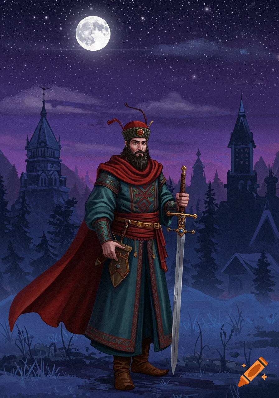 A bearded man in a red cap and green and red historical robes holds a large sword under a full moon, with dark castles in the background.