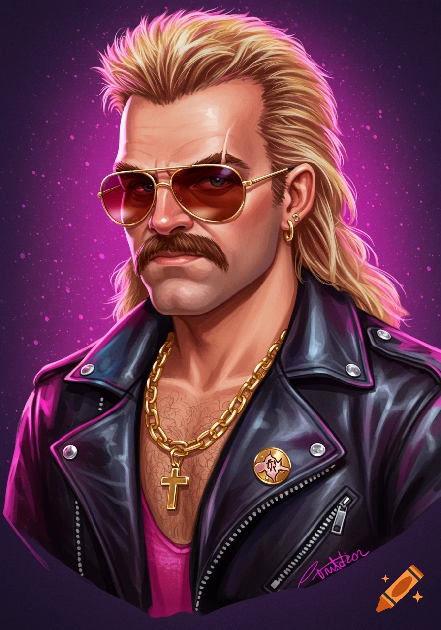 Portrait of a man with blonde mullet, mustache, sunglasses, gold chains, and a leather jacket, in an 80s retro art style.