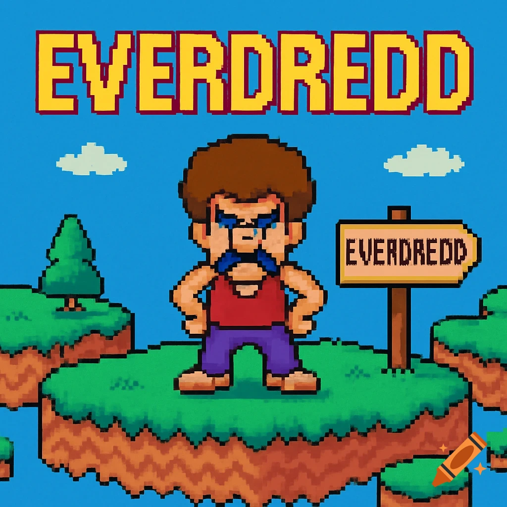 A pixel art image of a character with a mustache and afro on a floating island, with "EVERDREDD" text on top and on a sign, in an SNES-style.
