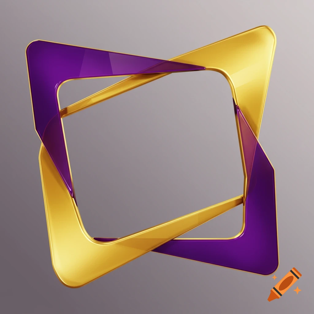 A modern abstract frame with interlocking glossy gold and purple geometric shapes on a gray background.