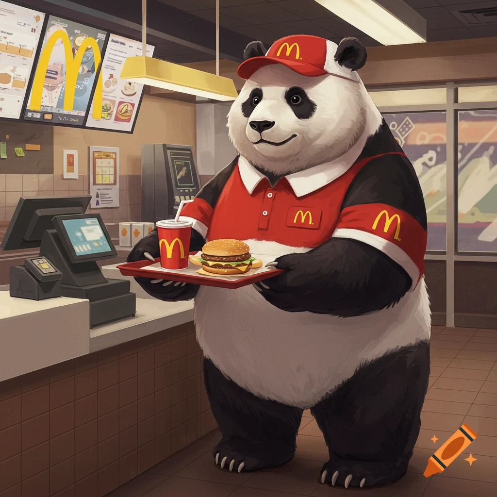 A smiling panda wearing a McDonald's uniform stands behind a counter, holding a tray with a hamburger and a drink.