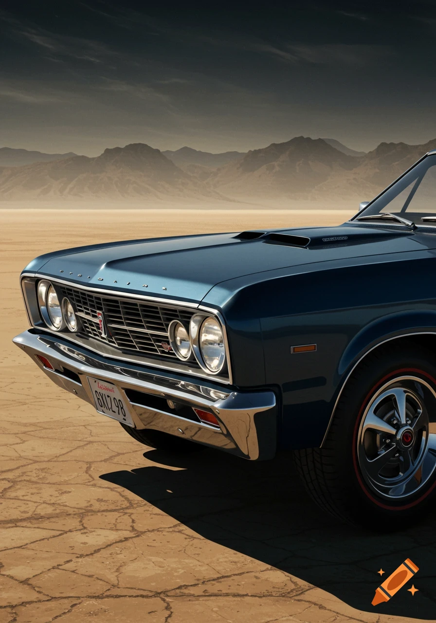 A vintage dark blue car with chrome accents is parked on a cracked, dry desert landscape with mountains in the background under a dramatic sky.