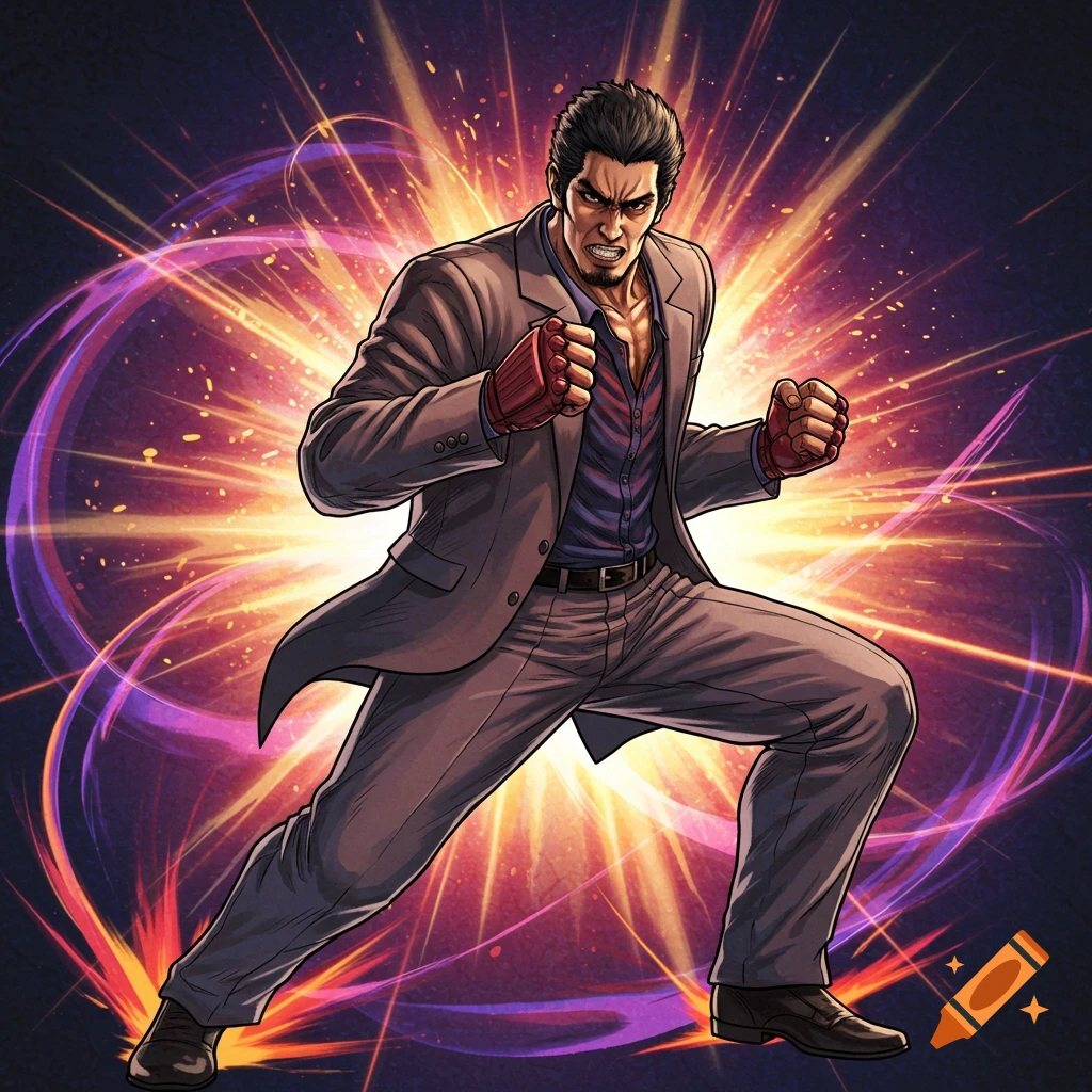 Kazuma Kiryu in a dynamic fighting pose, surrounded by orange and purple energy bursts in a comic book art style.