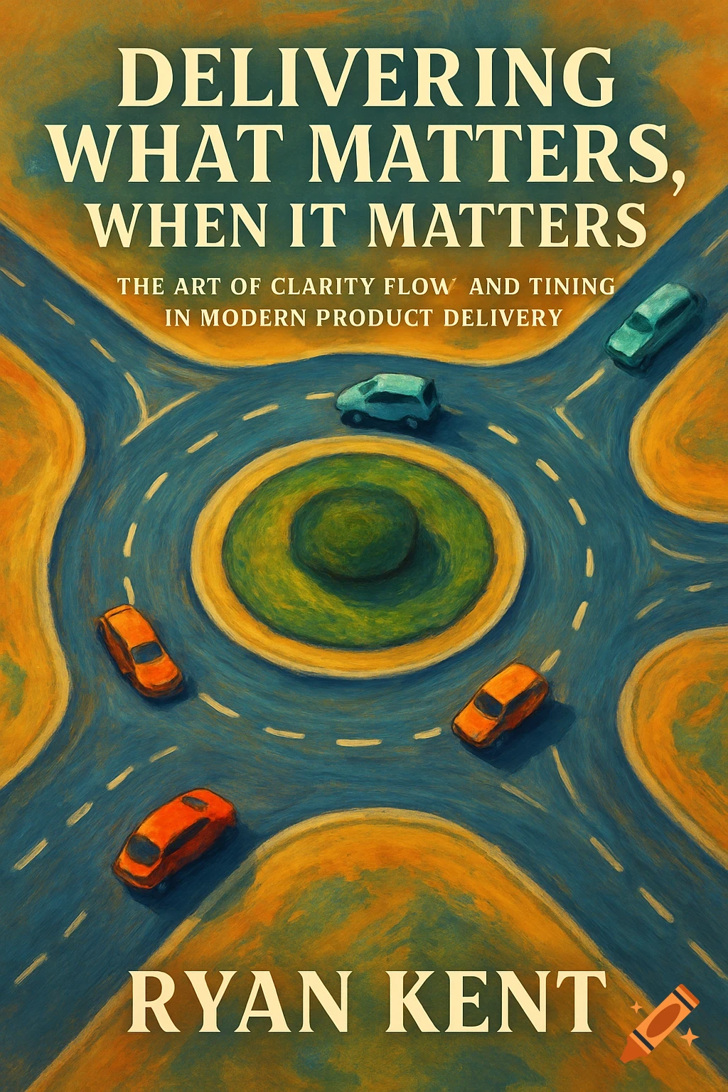 A stylized painting of a roundabout with cars on roads, forming a book cover with the title "Delivering What Matters, When It Matters."