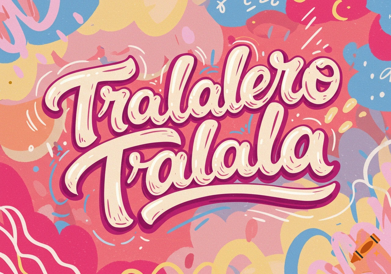 A vibrant, abstract illustration featuring stylized, cream-colored text that reads "Tralalero Tralala" on a background of pink, blue, and yellow shapes.