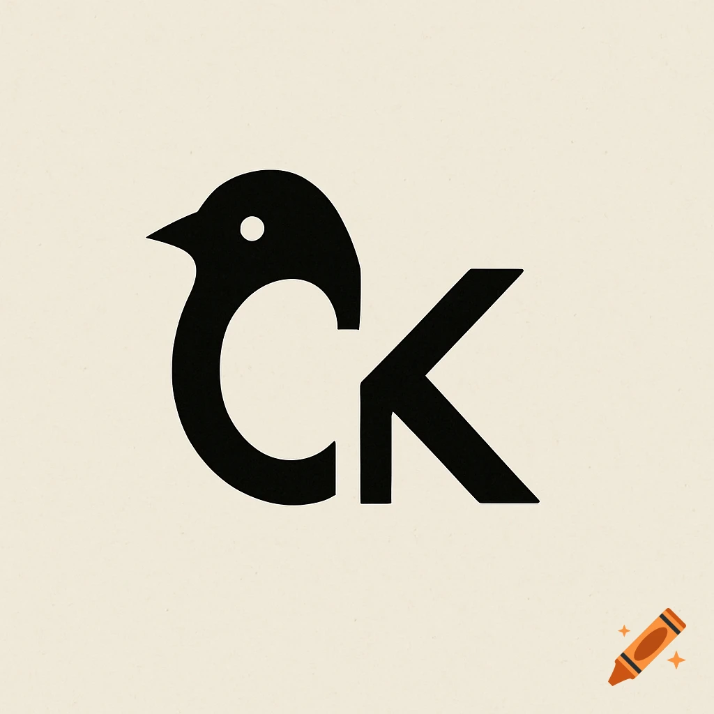 A black, minimalist logo of a bird's side profile, formed by a stylized letter 'C' and 'K' on a light beige background.