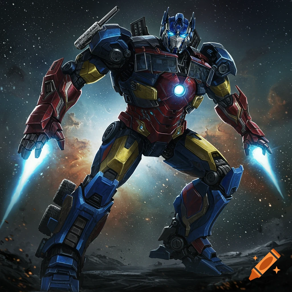 Optimus Prime and Iron Man crossover robot suit with blue, red, and yellow armor in a cosmic setting.