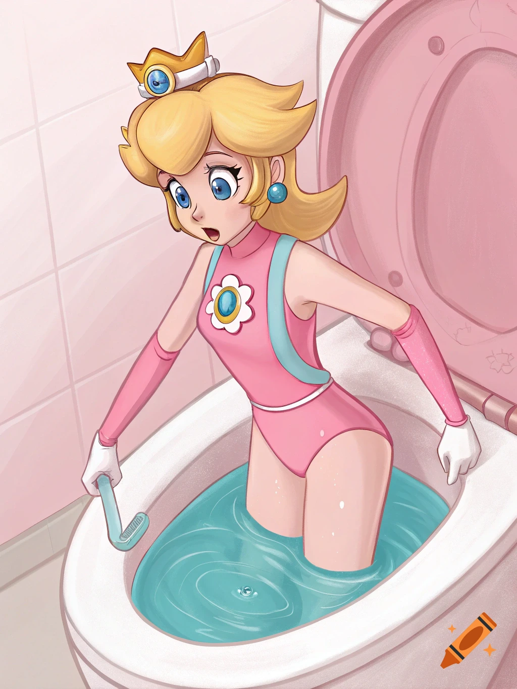 Cartoon Princess Peach in pink leotard with snorkel, standing in a toilet bowl with swirling blue water in a pink bathroom.