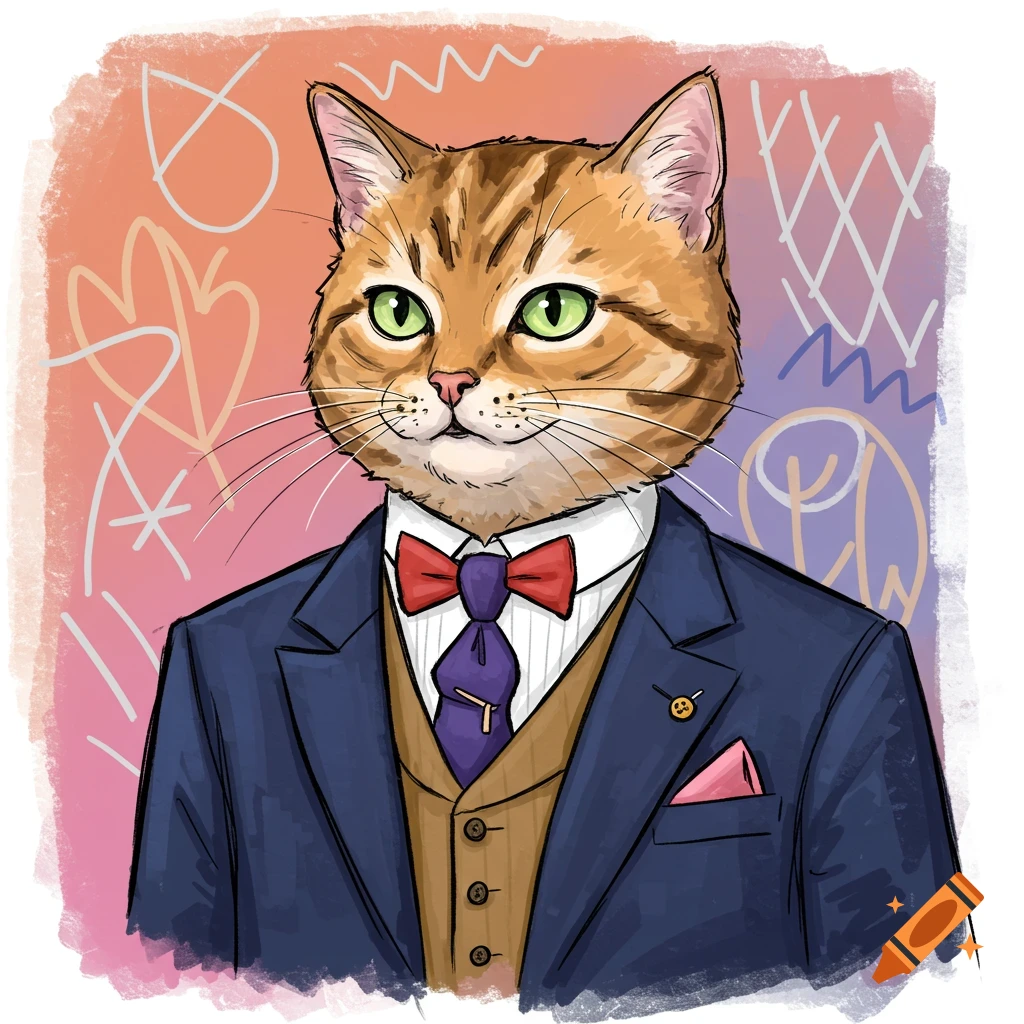A cartoon cat with orange and brown stripes and green eyes wears a blue suit, brown vest, and a red bow tie, set against a colorful doodle background.