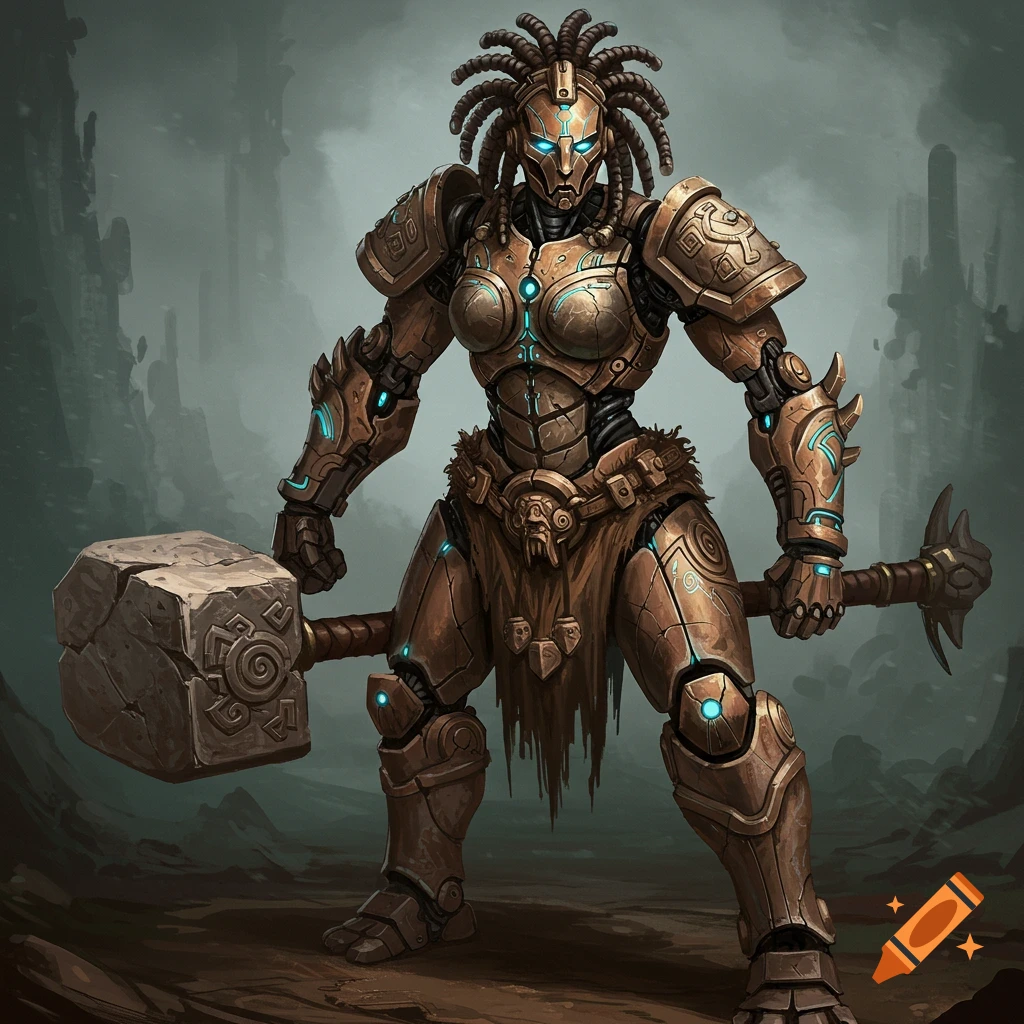 A powerful female robot, armored in bronze with dreadlocks, stands holding a large tribal stone hammer in a desolate landscape.