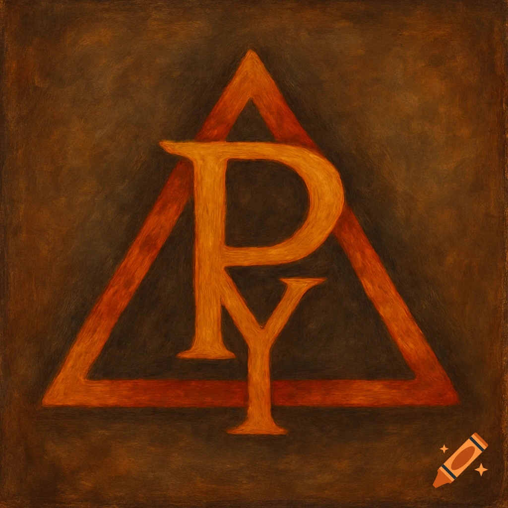A rusty orange 'P' and 'Y' merged inside a triangle on a dark brown textured background, resembling an old painting.