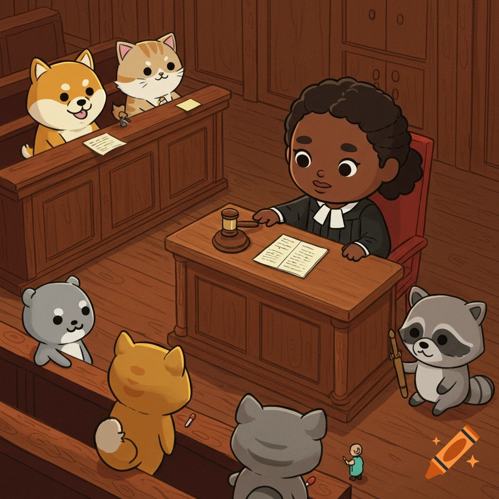 A cute cartoon courtroom scene with a Black female judge presiding over animal jury members.