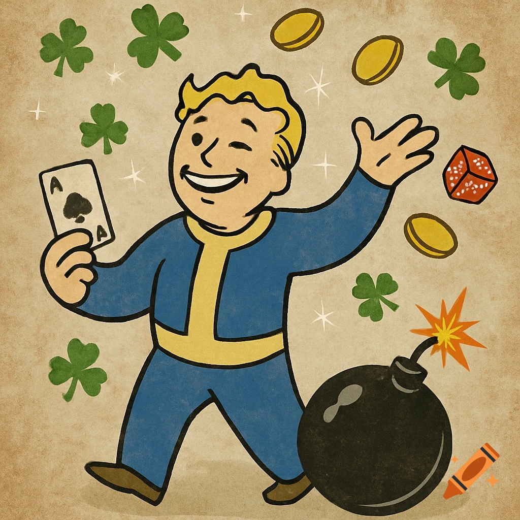 Cartoon Vault Boy winks, holding an ace of spades, surrounded by falling coins, shamrocks, a die, and a smoking bomb.