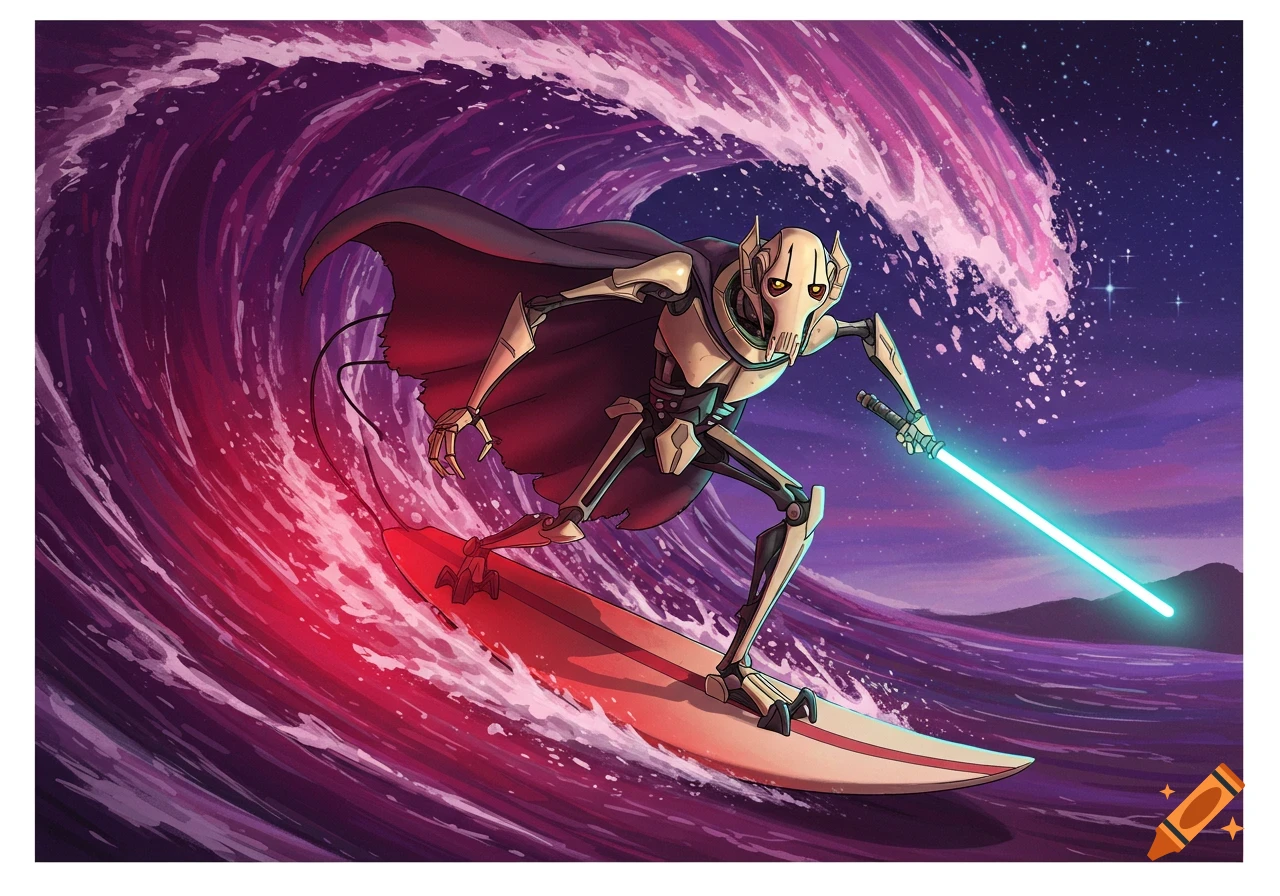 General Grievous on a surfboard rides a purple wave under a starry sky, holding a blue lightsaber in a vibrant illustration.