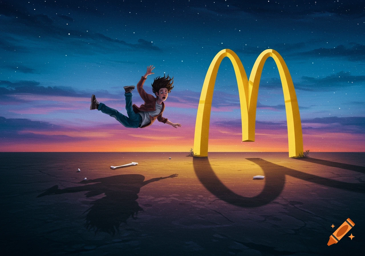 An illustrated image of a person falling through the sky over a barren landscape towards giant McDonald's golden arches at sunset.