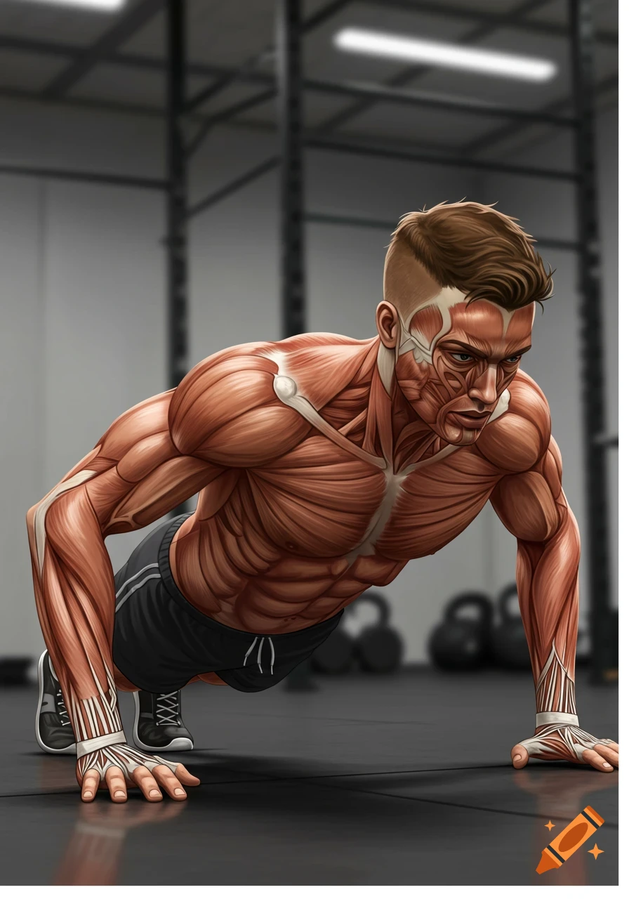 Detailed anatomical illustration of a man doing a push-up, showing exposed muscles and bones in a gym setting.