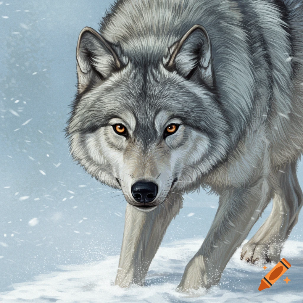 A close-up illustration of a majestic gray wolf with striking orange eyes, walking through a snowy landscape as snowflakes fall.