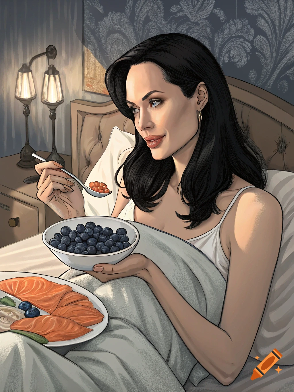 A comic book style image of Angelina Jolie in bed, eating blueberries and salmon for breakfast.