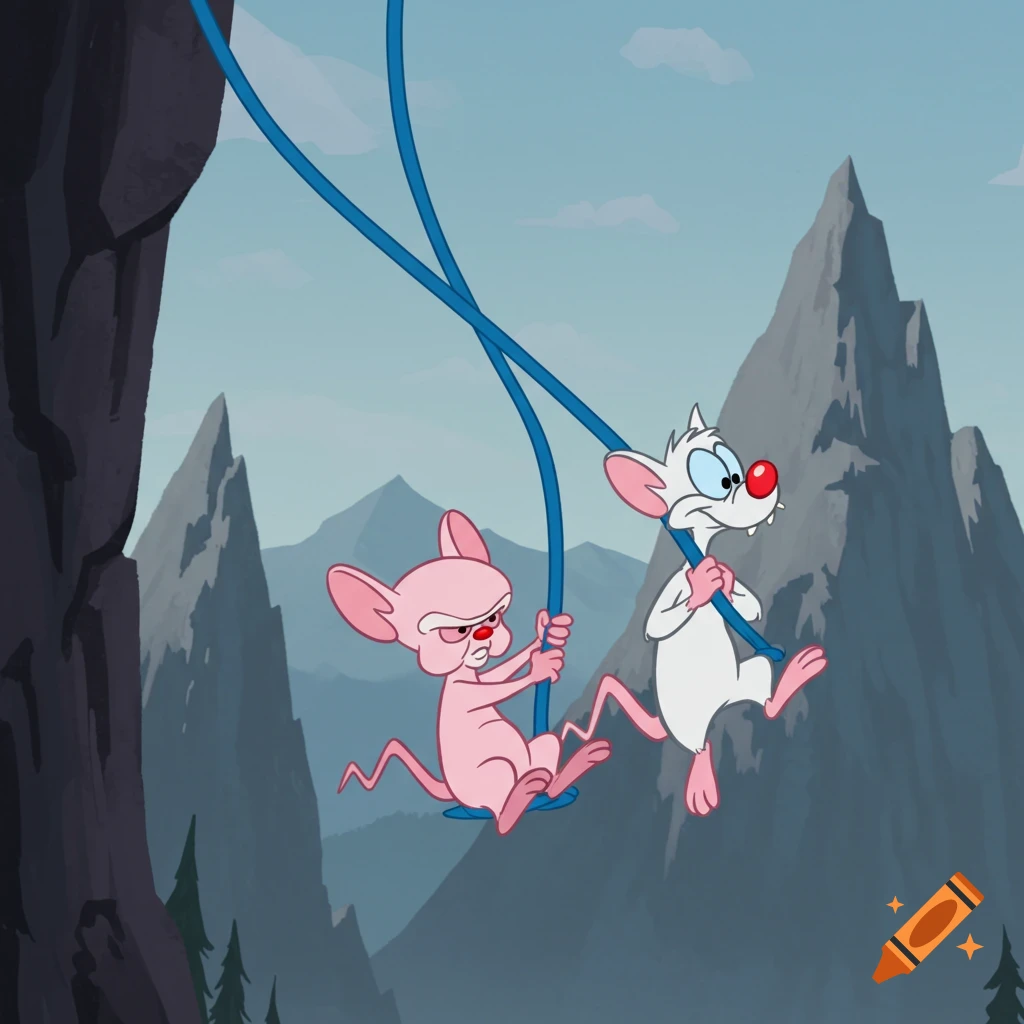 Pinky and The Brain, cartoon mice, swinging on a blue rope high above a mountain landscape.