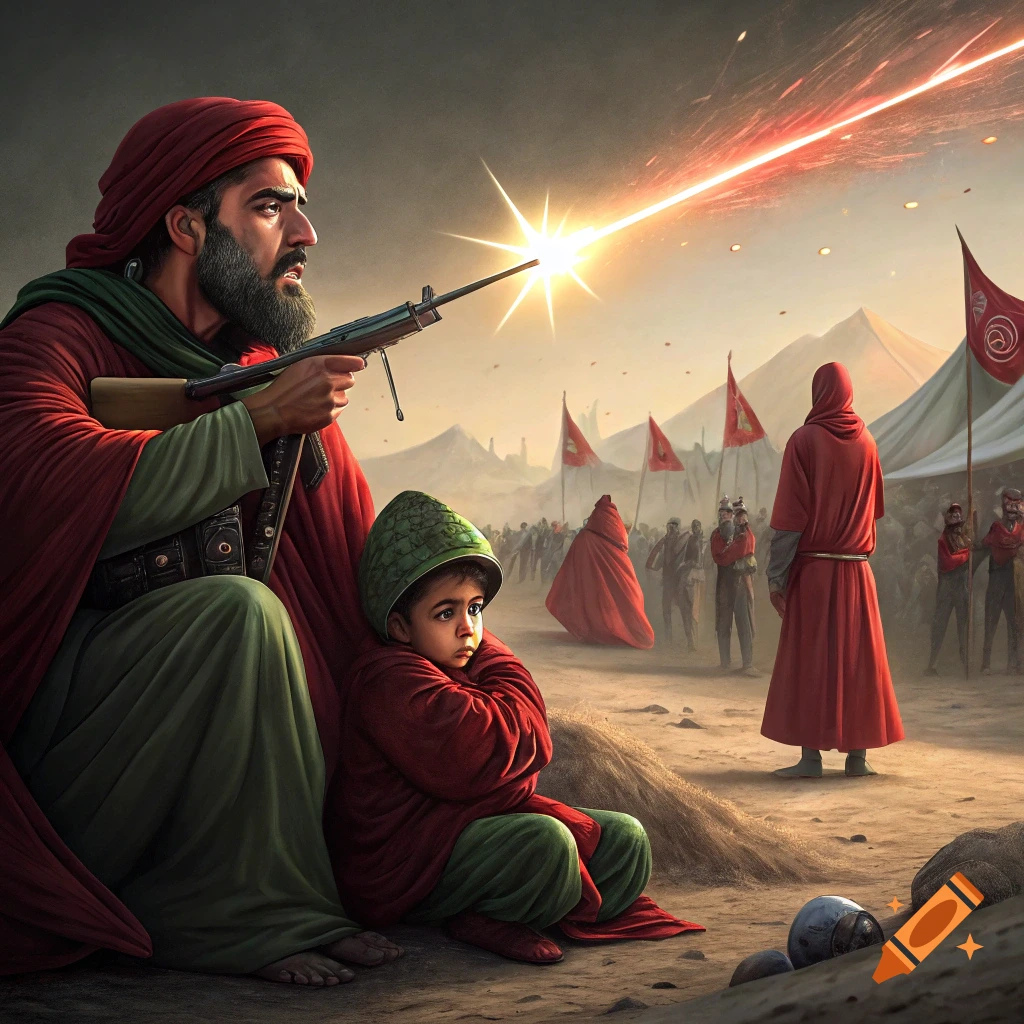 A bearded man in red and green robes holds a rifle, aiming a laser beam into the sky, while a scared child in similar attire sits beside him on a dusty battlefield. Figures and tents are in the background.