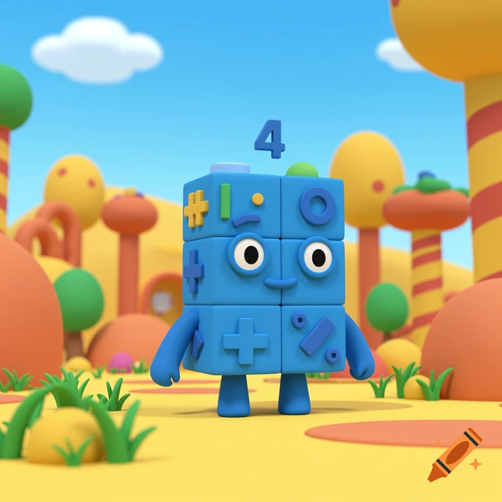 A smiling blue block cartoon character with mathematical symbols on its body and a floating number 4 above its head, in a colorful cartoon landscape.