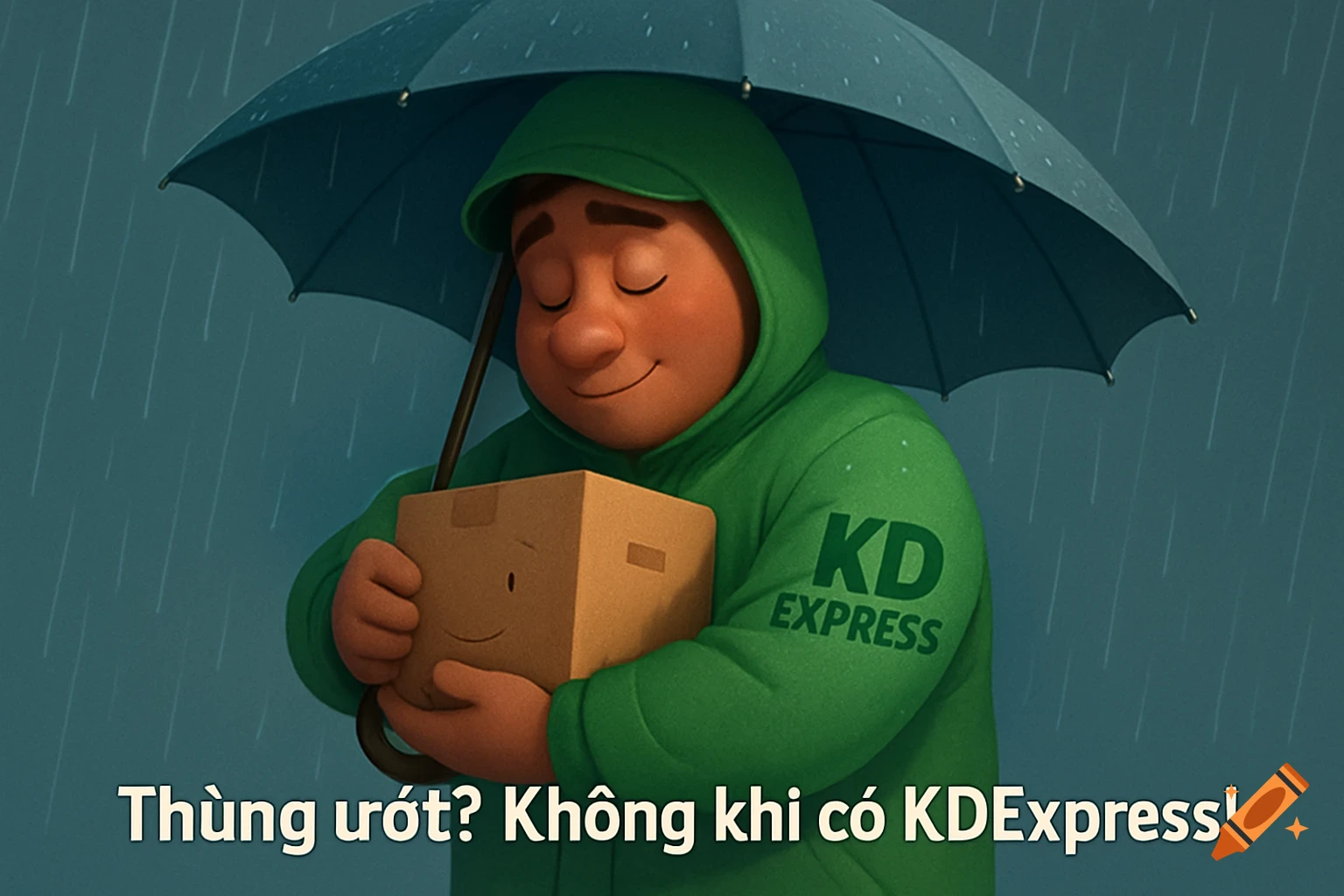 A Pixar-style delivery driver in a green hoodie holds an umbrella over a package in the rain. Text on the hoodie says 'KD EXPRESS' and a caption reads 'Thùng ", "ướt? Không khi có KDExpress!'