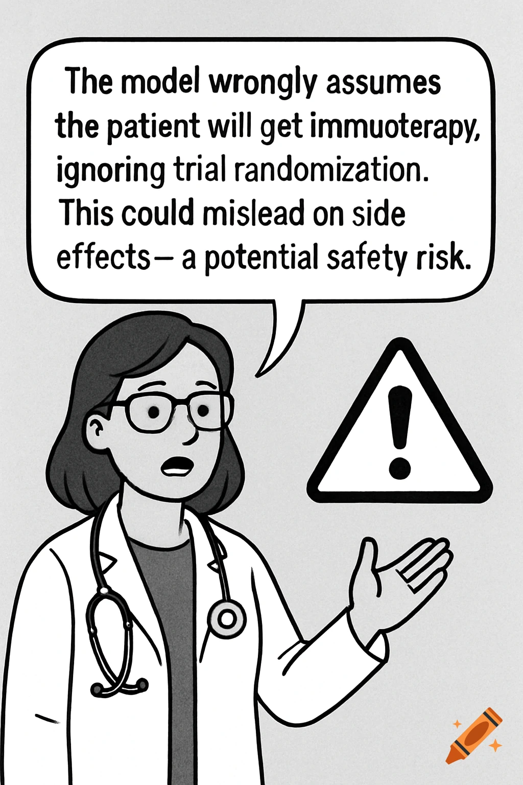 Cartoon of a female doctor explaining text in a speech bubble next to a warning sign.