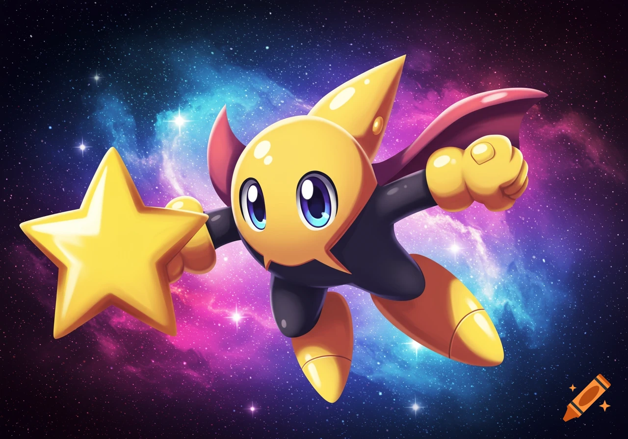 Ristar, a yellow star-shaped character with a red cape, floats through a vibrant nebula in space while holding a golden star.