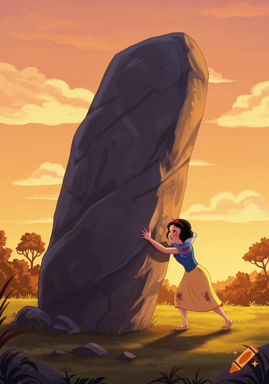 Snow White grunting and pushing a giant tall rock at sunset, 2D digital art.