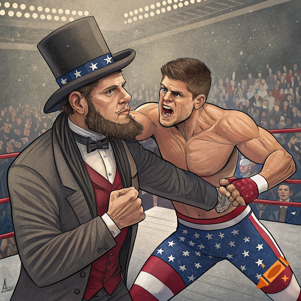 Cartoon of Abraham Lincoln in a top hat wrestling Cody Rhodes in an arena with a crowd.