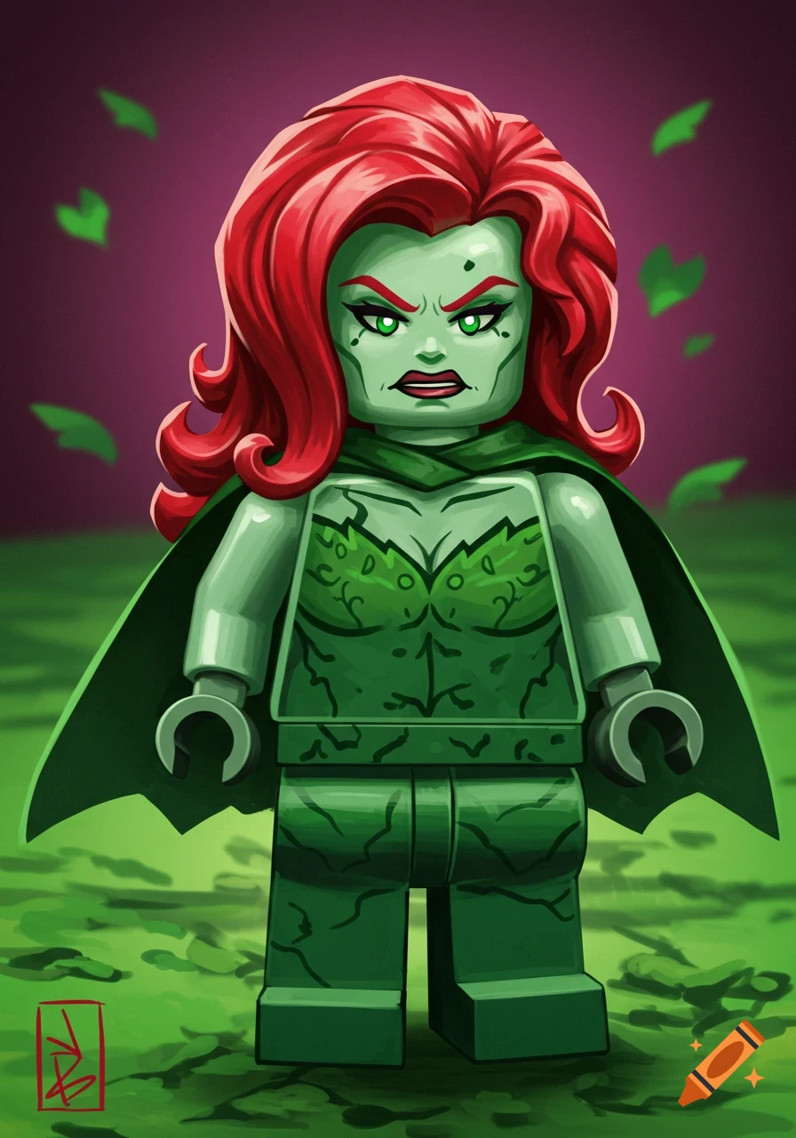 A Lego minifigure of Poison Ivy with green skin, long red hair, and a green leafy costume and cape, on a green ground.