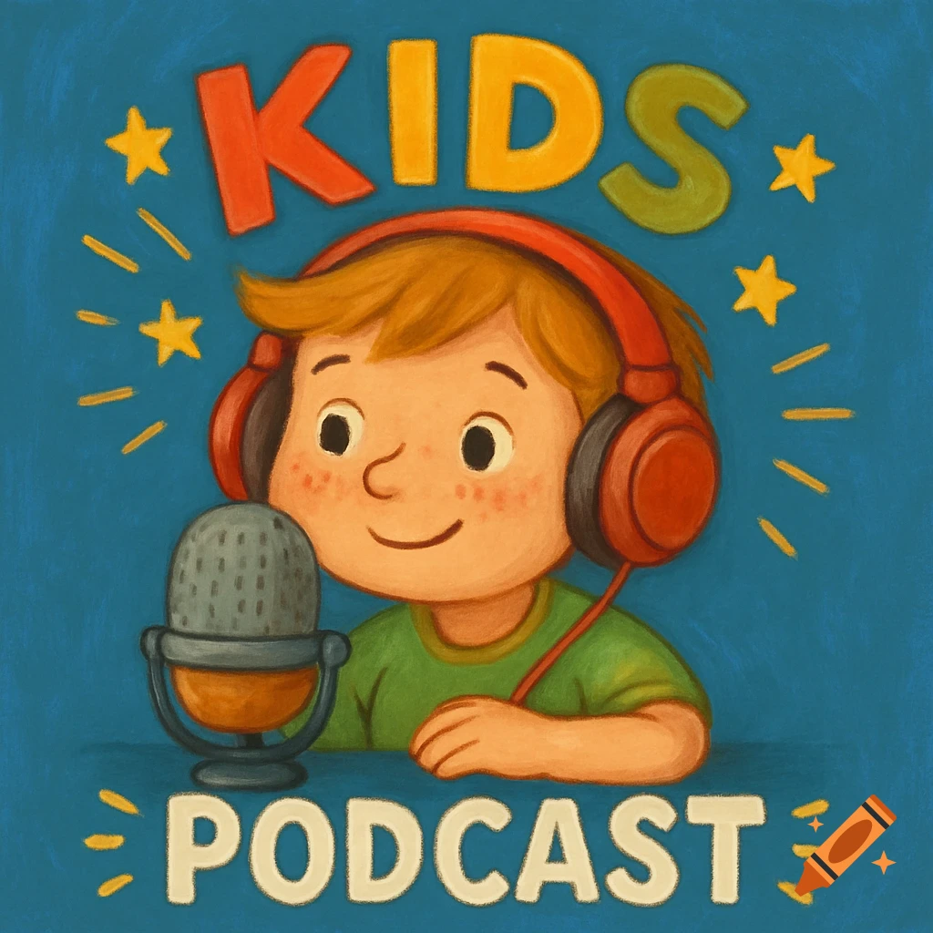 Illustration of a smiling cartoon boy wearing red headphones, sitting in front of a microphone, with the words 'KIDS PODCAST' and stars around him on a blue background.