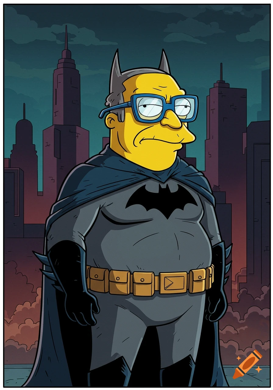 A cartoon man resembling Comic Book Guy from The Simpsons is dressed as Batman, standing against a dark city skyline.