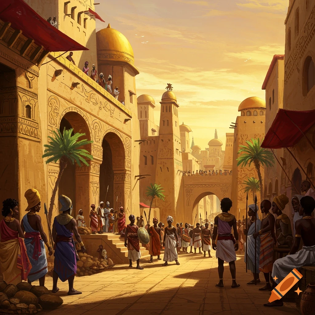A vibrant illustration of a bustling ancient African city at sunset, with large sand-colored buildings, golden domes, and numerous people in traditional attire.
