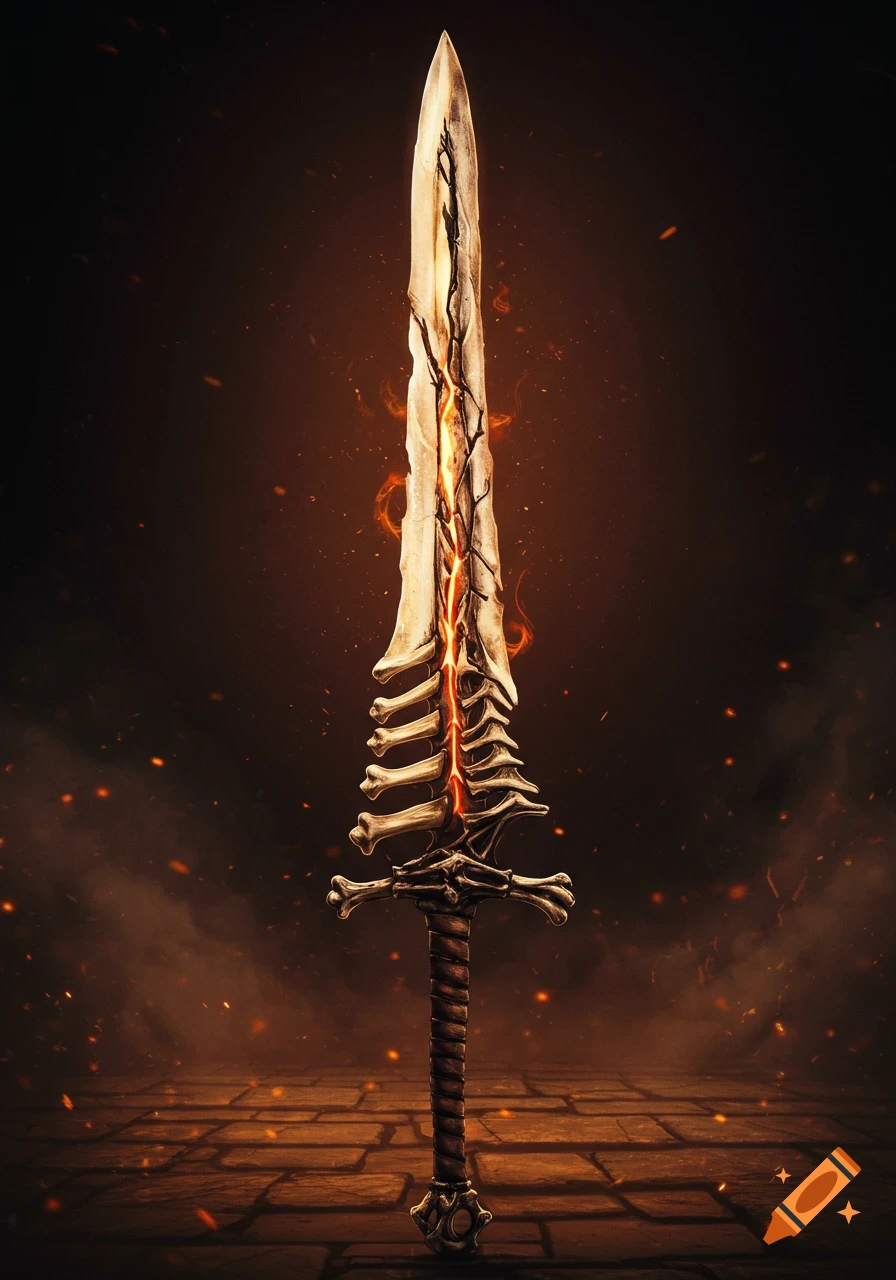 A fantasy sword with a bone hilt and fiery blade, standing upright on a ...