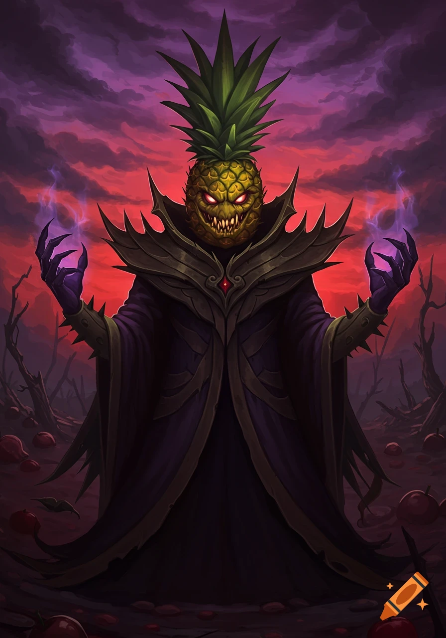 A dark fantasy illustration of an evil warlock with a pineapple for a head, casting purple magic in a desolate, stormy landscape.