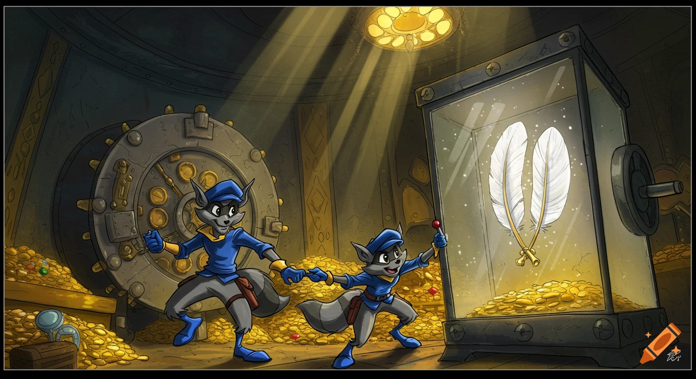 Cartoon raccoons in a gold-filled vault, one holding another's hand and pointing at two large white feathers in a glass case.