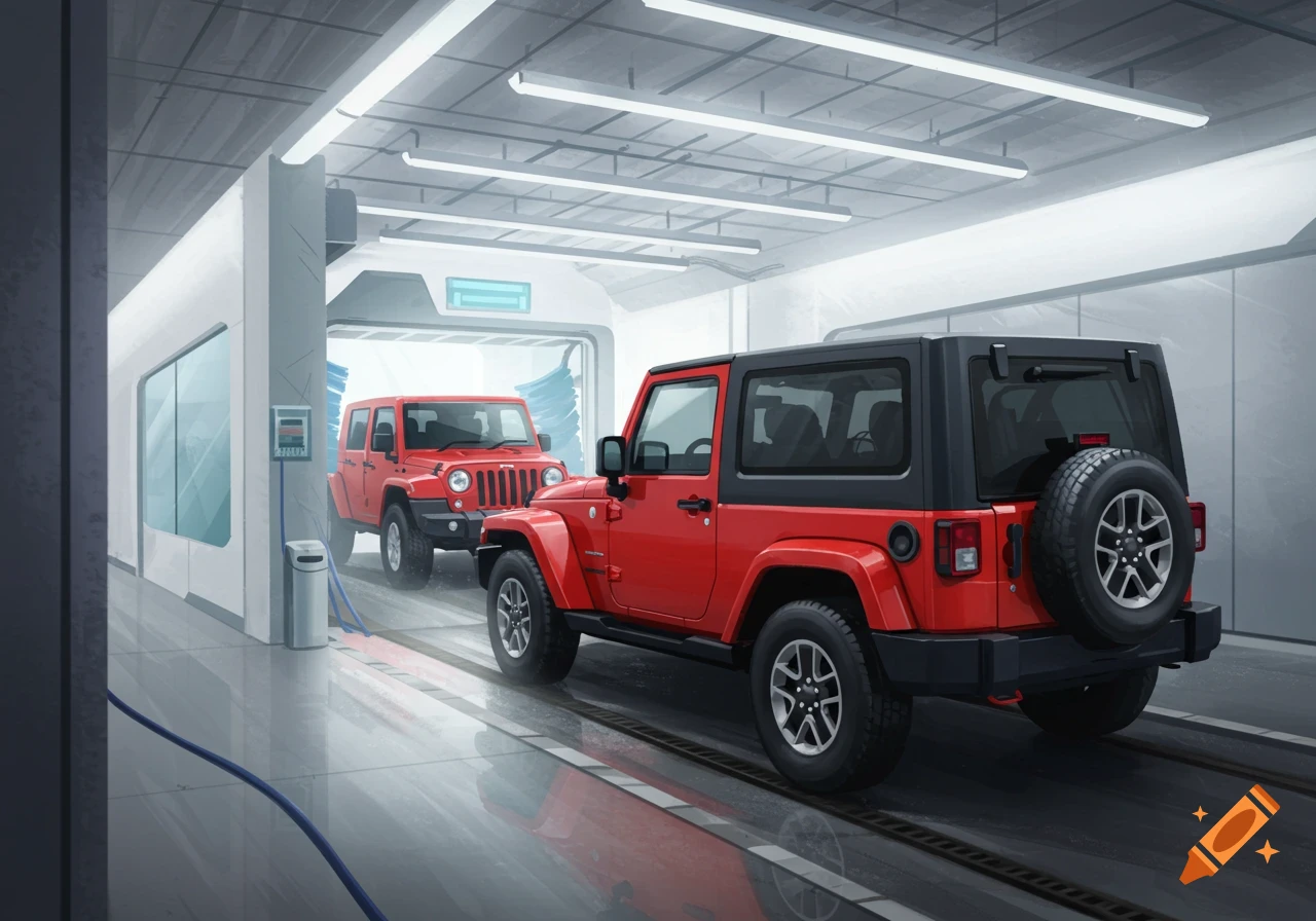 Two red Jeep Wranglers in a modern car wash, one entering and one leaving.
