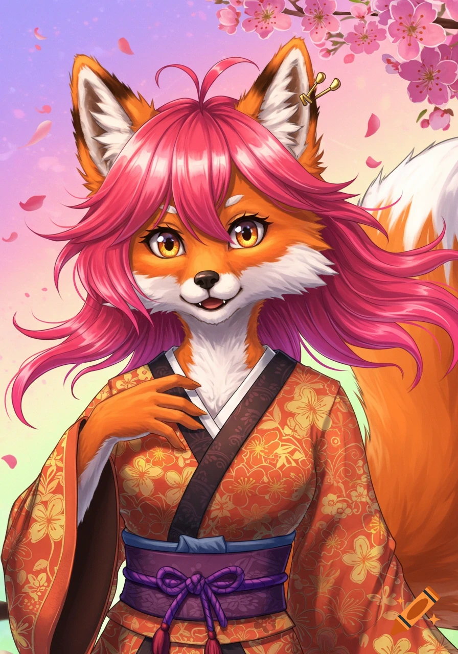 An anthropomorphic fox character with pink hair and a kimono, with cherry blossoms in the background, in an anime art style.