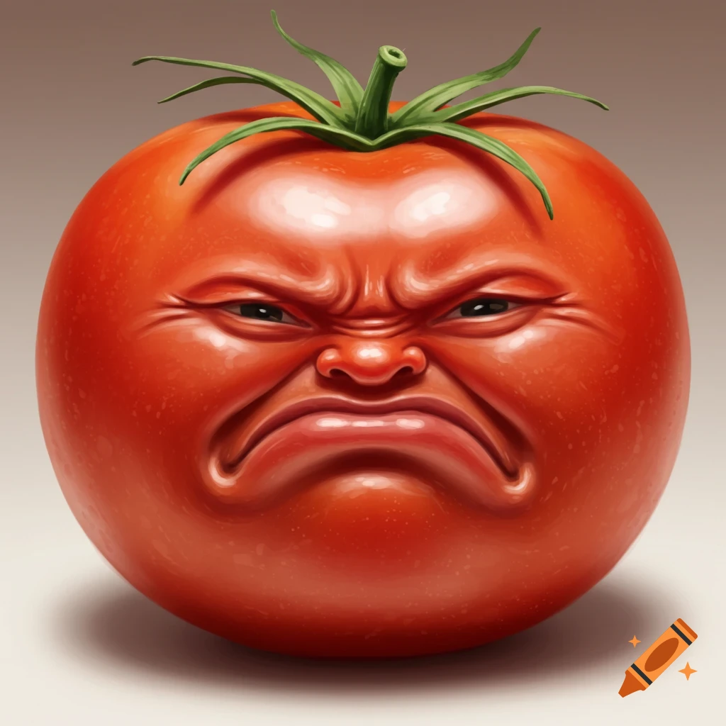 A hyperrealistic tomato with a scrunched, angry human-like face.