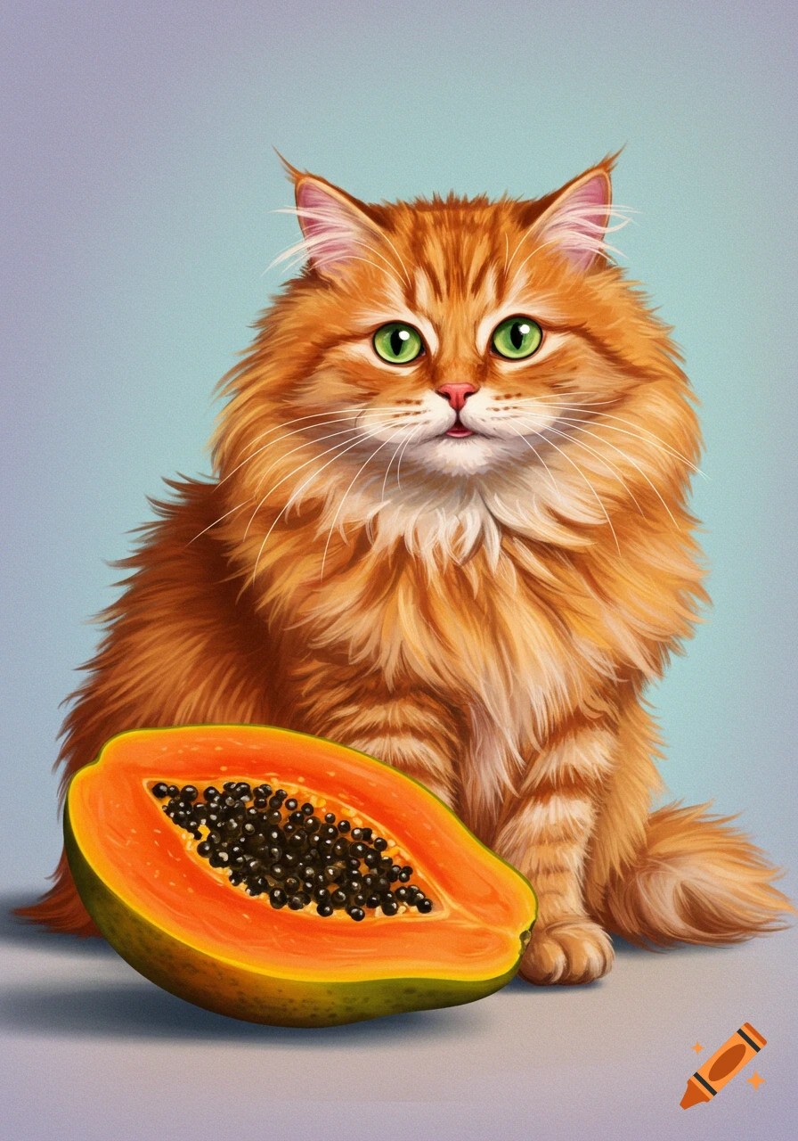 A fluffy orange cat with bright green eyes sits next to a halved papaya on a light background.
