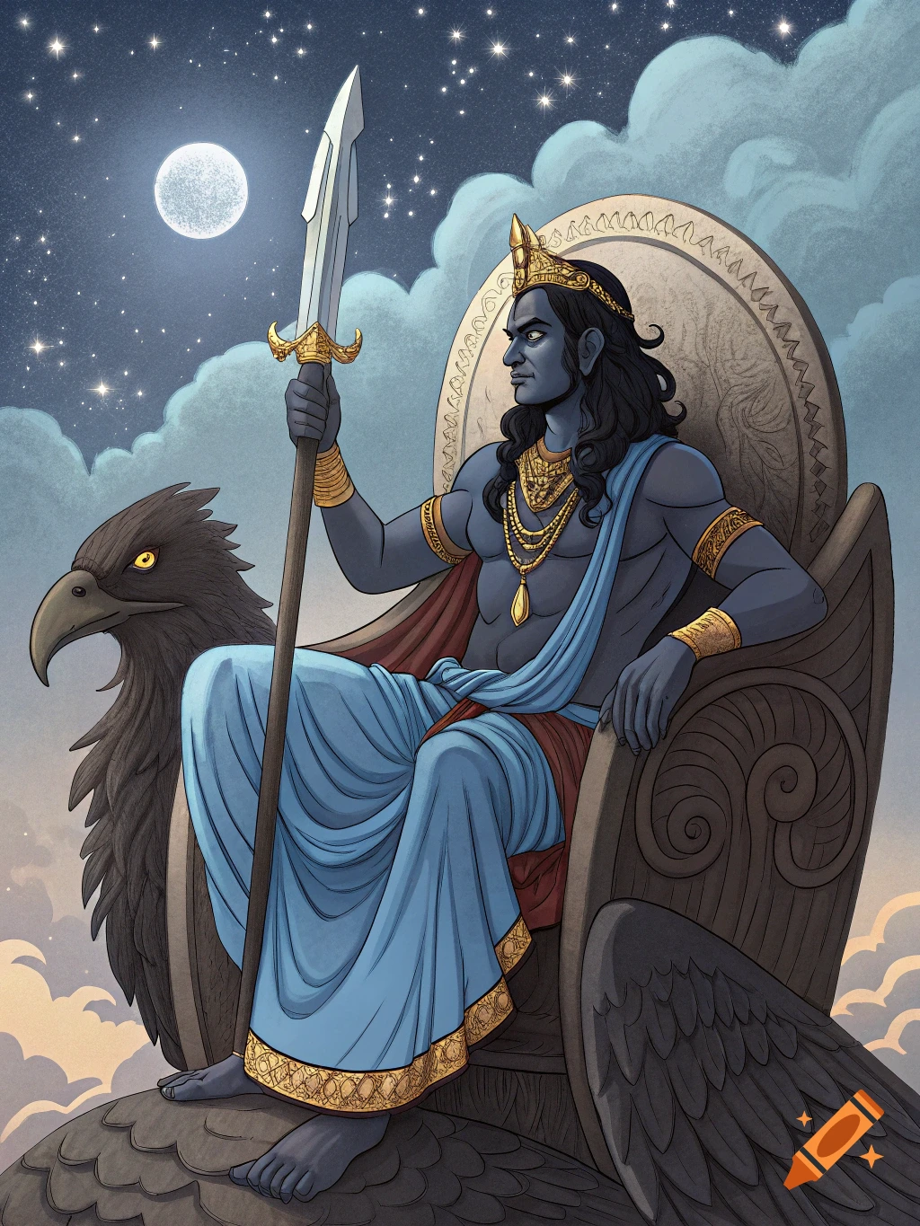 An illustration of a dark-skinned deity with long hair and a crown ...