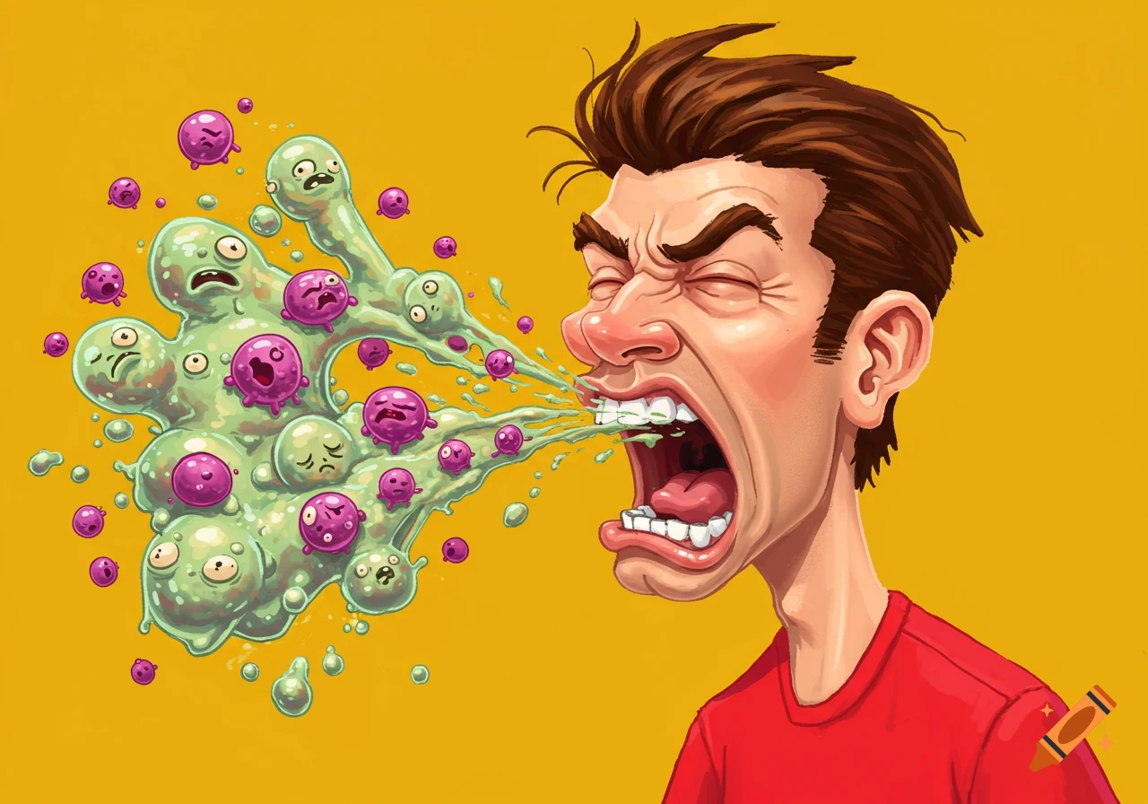 A cartoon illustration of a person sneezing with green and purple germs coming out of their mouth.