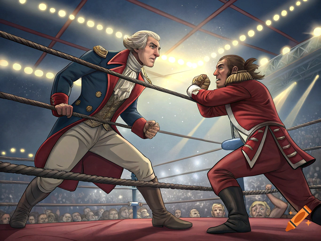 George Washington in a tricorn hat and blue coat faces a British redcoat soldier in a wrestling ring under stadium lights.