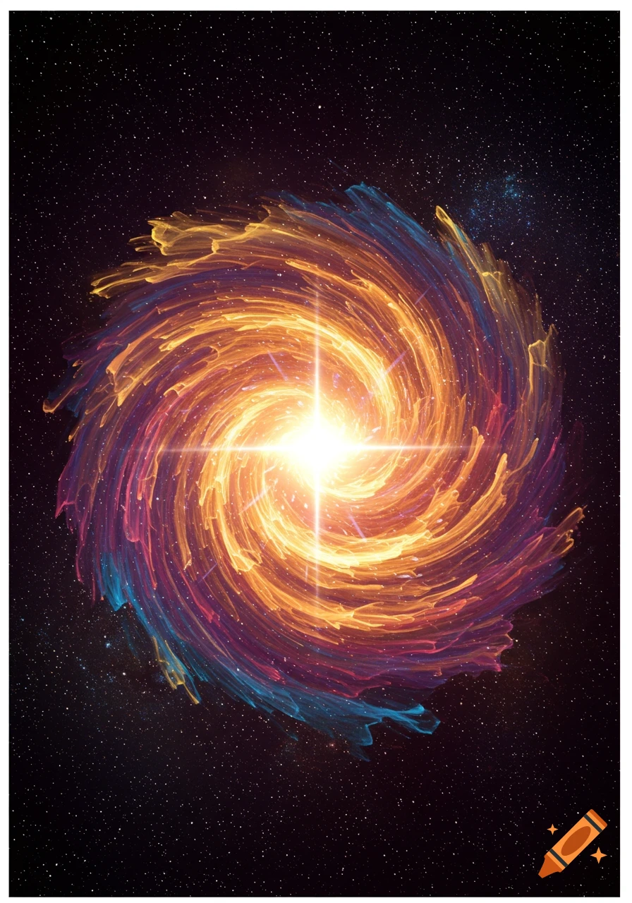 Bright, colorful swirling abstract vortex in deep space with stars.
