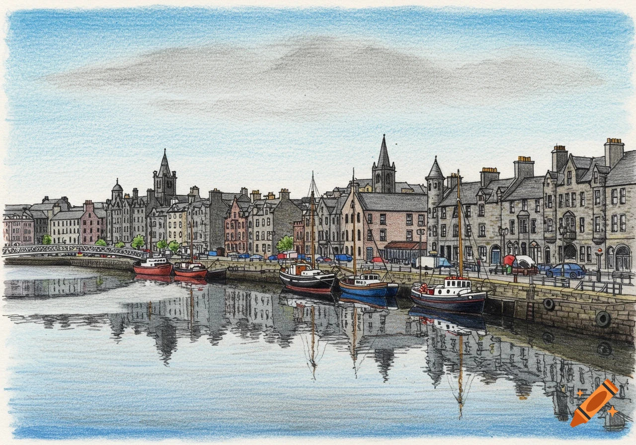 Pencil color drawing of Aberdeen, Scotland harbor skyline with boats on the water and historic buildings lining the shore.